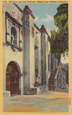 Linen Postcard Old Door Old Stairway Mission San Gabriel California A001
