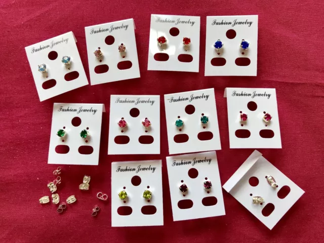 JOBLOT-10pairs of 0.5cm 8+ different colours diamante stud earrings.UK made.