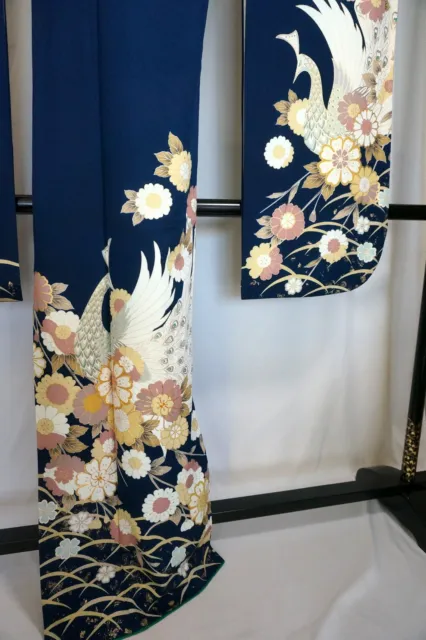 Japanese kimono SILK"FURISODE" long sleeves,Peacocs, Gold thread/leaf,5' 8".3319 3