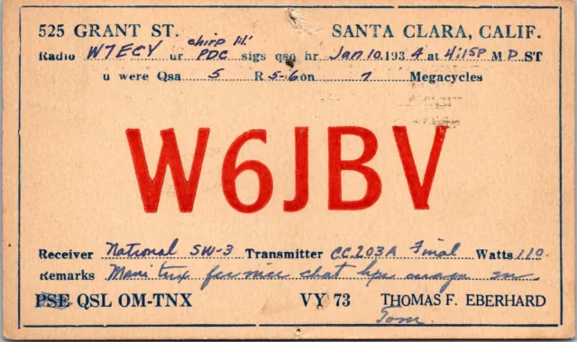 1934 W6JBV Santa Clara California Ham Radio Amateur QSL Card Postcard Vtg