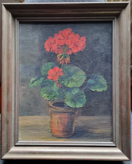 Tableau ancien, huile sur toile, nature morte, géranium, signé P HOFMANN 1937