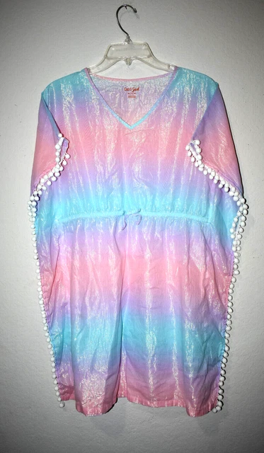 Girls Xl 16-18 Cat & Jack Shimmer Pink Purple Pom Fringes Beach Cover Up  Swim