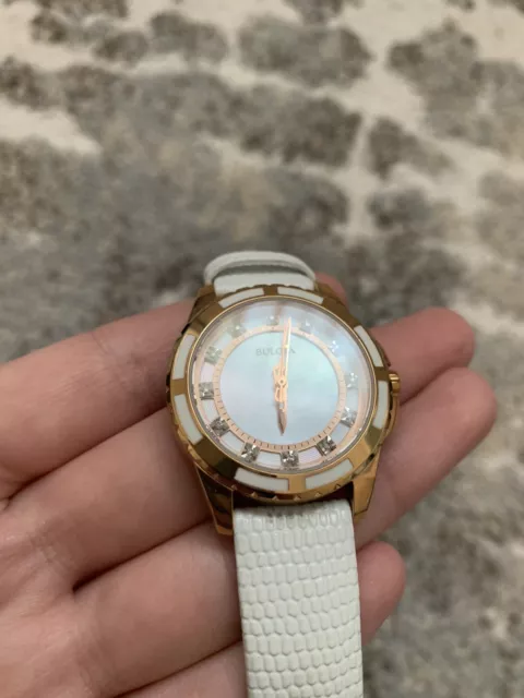 Bulova Classic Womens White Leather Strap Watch Mother of pearl and Diamond dial