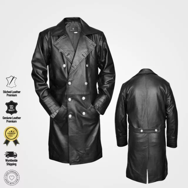 Mens German Classic WW2 Military Officer Premium Black Real Leather Trench Coat