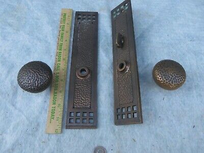 Matching Pair of Heavy Antique Ornate Bronze Door Knobs w/ 2 Thick Face Plates