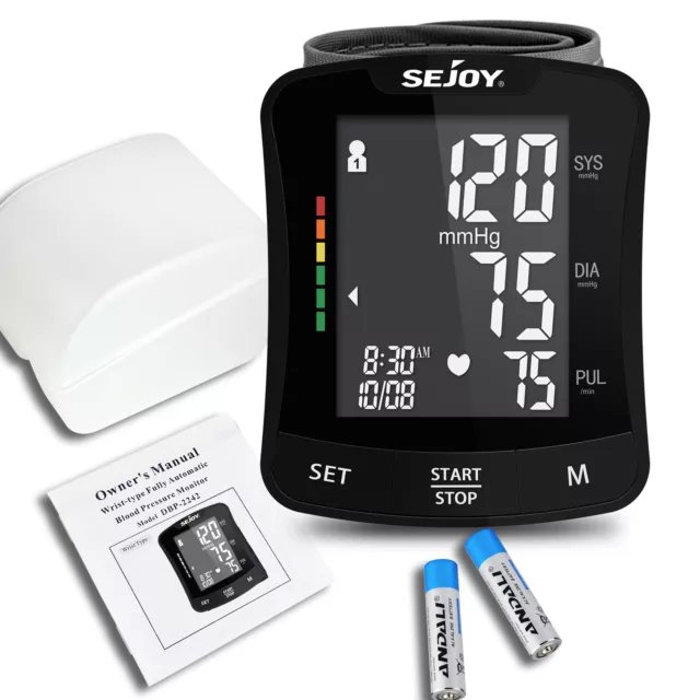 SEJOY Automatic Blood Pressure Monitor Wrist Digital Backlit Heart Rate Machine