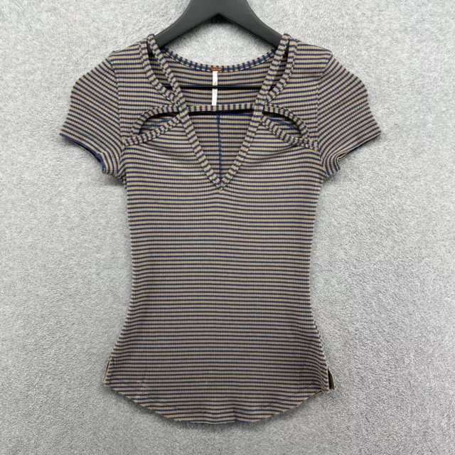 Free People Women's Beige Striped Short Sleeve Ribbed T Shirt Size XS