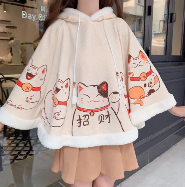 Fortune Cat Print Cloak Maneki Neko Pullover Chinese Lucky Feline Fleece Cape