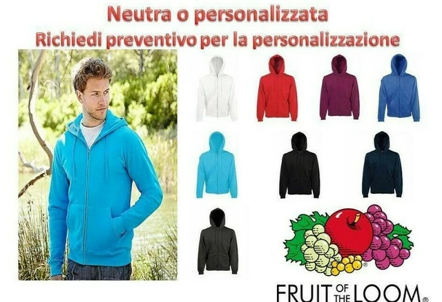 Felpa Con Cappuccio Zip Cerniera Lunga Uomo Fruit of The Loom Felpata Cotone