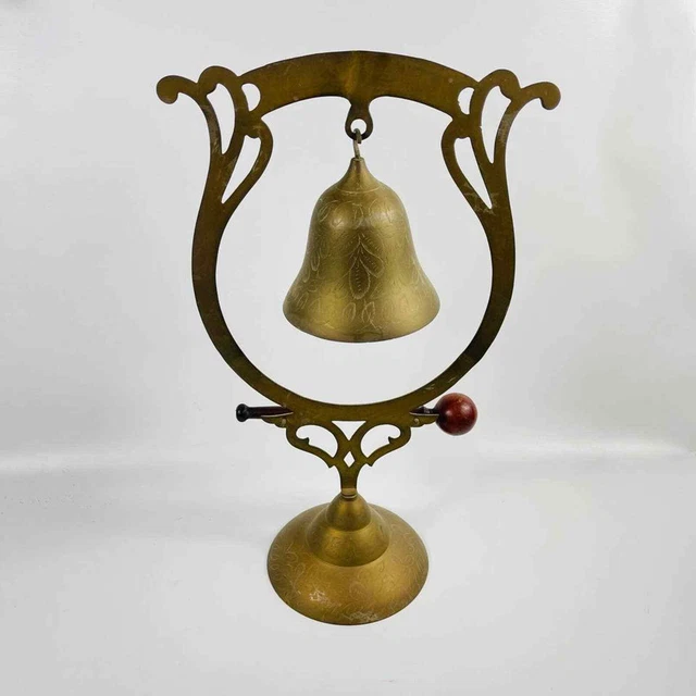 Brass Etched Temple Hanging Bell Ornate Stand 16 1/4” Tall