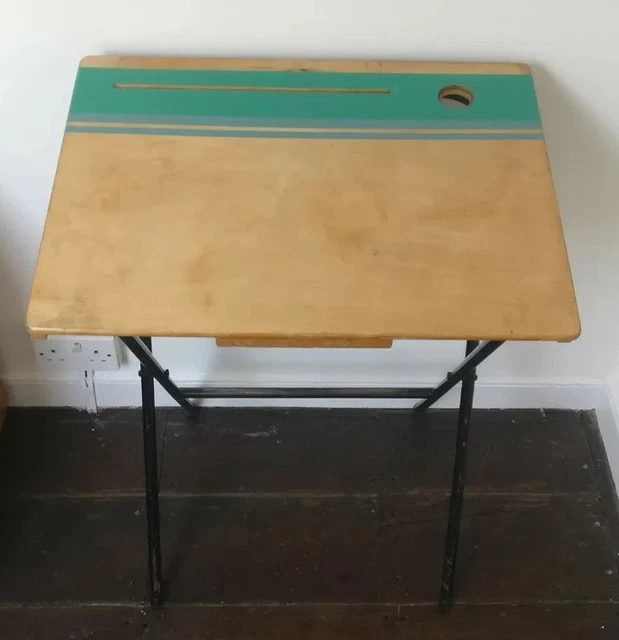 Scrivania scuola pieghevole vintage metà secolo, anni '50 retrò verde a righe blu riciclata