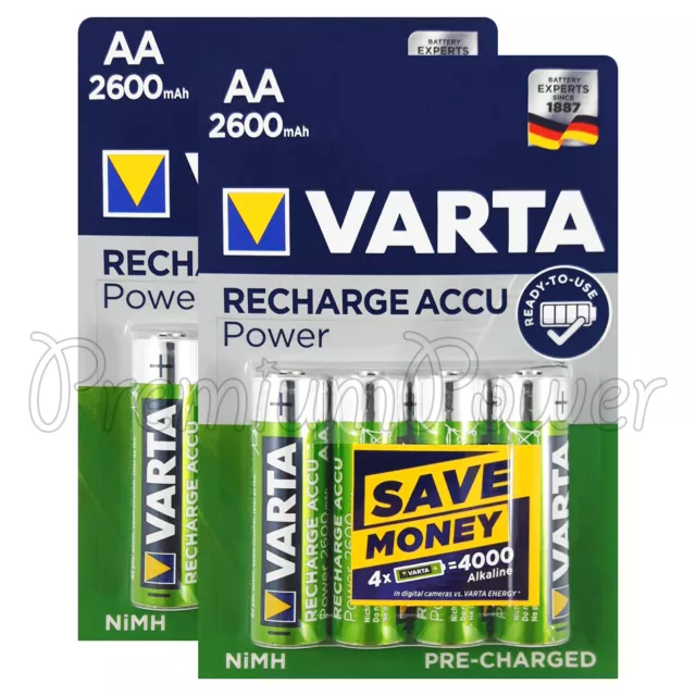 8 X VARTA Aa 2600mAh Piles Rechargeable NI-MH 1.2V HR6 Stilo Accu Puissance Haut