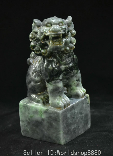 5" Old Chinese hetian jade natural emerald carving lion Seal Stamp Signet statue