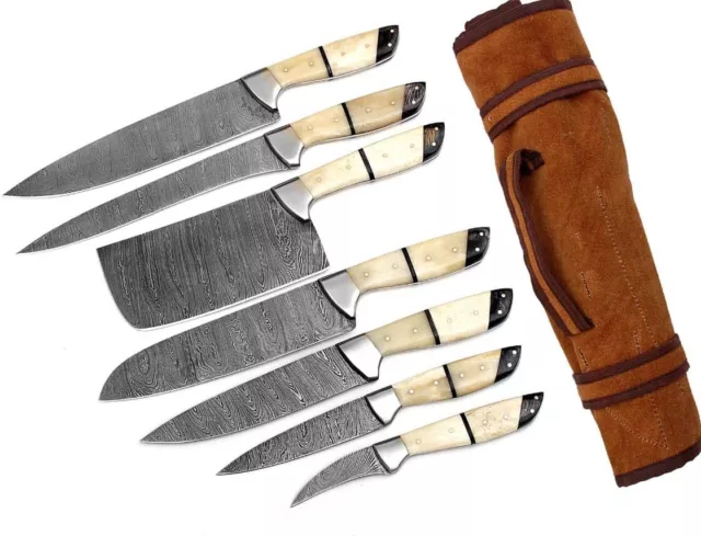 Damascus Steel Professional Kitchen Knives 7pc Set with Leather Case Bag. ZEE-26