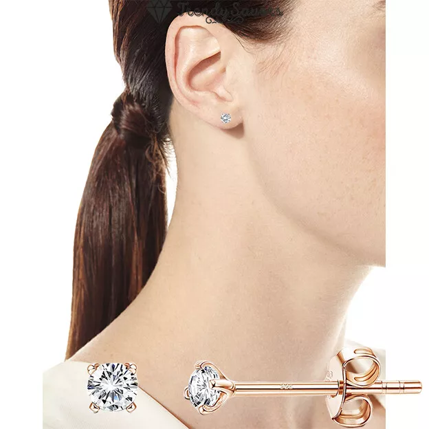 Stylish Rose Gold Genuine Solid 925 Sterling Silver Cubic Zirconia Stud Earrings