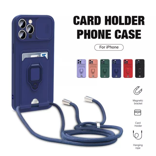 Ring Stand Case for iPhone 15 14 with Card Holder Crossbody Strap Lanyard Cover