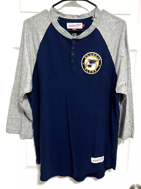 ST LOUIS BLUES Patch Women 3/4 Sleeve Pullover Shirt T-Shirt L Mitchell Ness