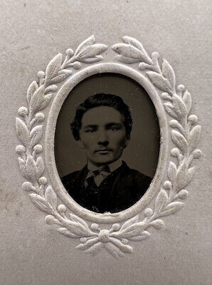 1860s Civil War Era GEM Tintype Handsome Man Embossed Wreath Frame CDV Mounted