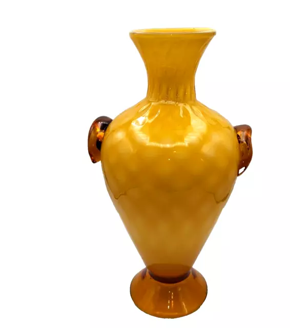Empoli Italian Cased Glass Art Vase Yellow White Applied Amber Base Handles 15"