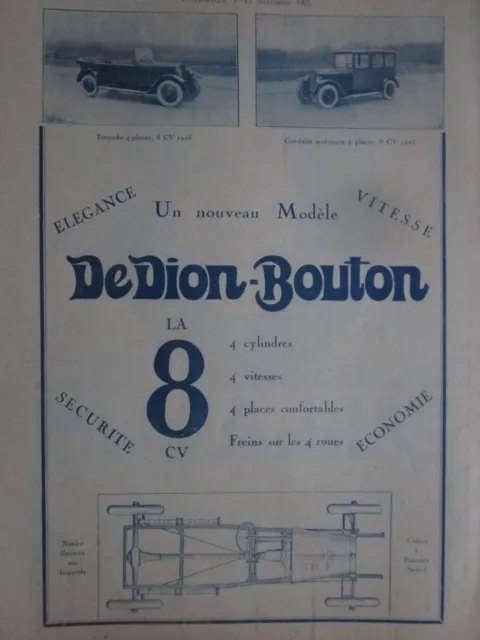 7/1925 Pub Automobile De Dion Bouton Puteaux La 8 Cv Torpedo Original French Ad