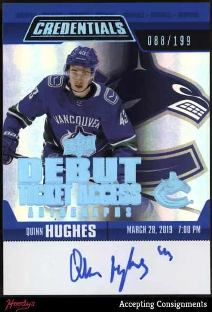 2019-20 Upper Deck Credentials Debut Ticket Quinn Hughes RC ROOKIE AUTO 088/199