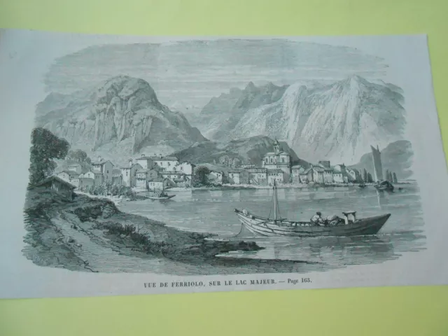 Gravure 1860 - Vue de Ferriolo sur le Lac Majeur