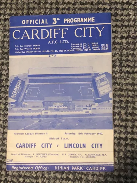 Cardiff City v Lincoln City - 1959/60 - Division 2 - Match Day Programme