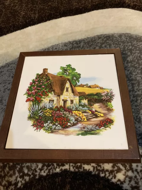 Vintage Ceramic Tile &Wood Trivet~Hot Pot Plate~ English Cottage Scene