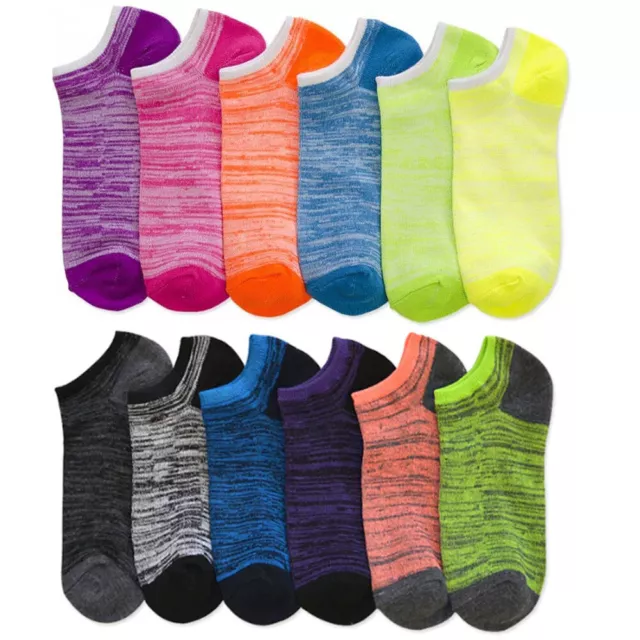 12 Pairs Women's Low Cut No Show Ankle Socks Neon Stripes Wholesale Lot 9-11