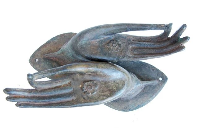 Antique Thai Bronze Buddha Hand Mudra Sculpture Statue Door Handle Knob 8" Pair