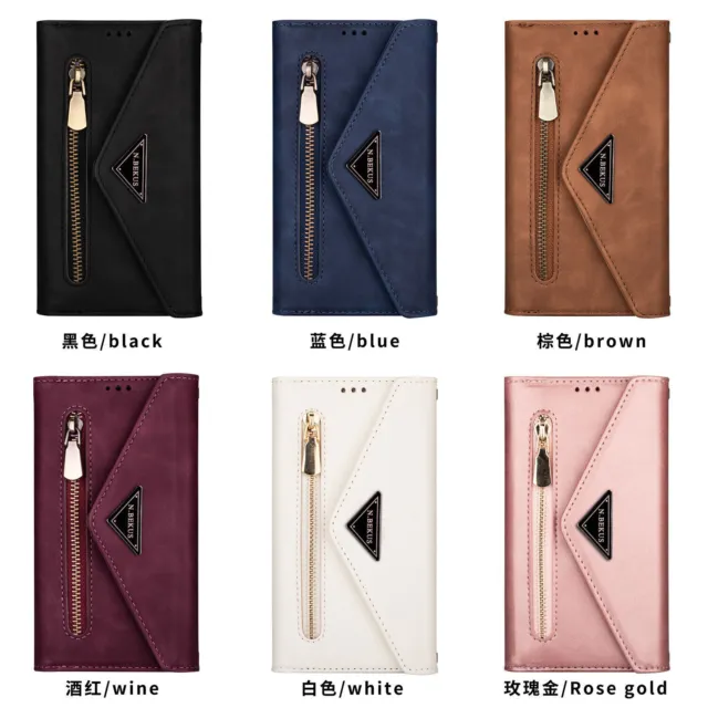 Lanyard Zipper Leather Card Wallet Phone Case For iPhone 13 14 Samsung S22 S23