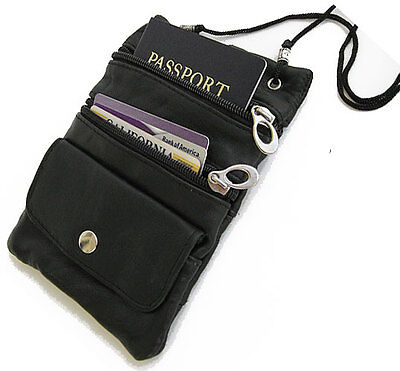 Genuine Leather Passport ID Holder Neck Pouch Wallet Travel Black Strap