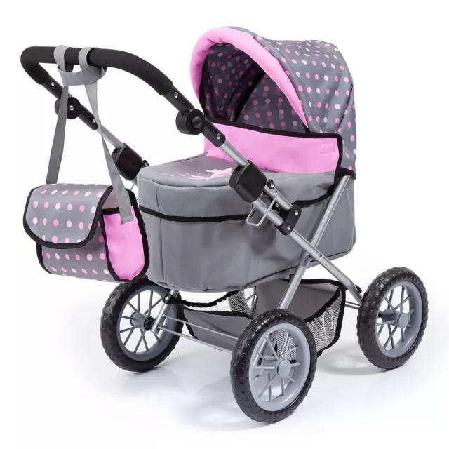 Doll Grey/Pink Trendy Pram W/ Shoulder Bag, Adjustable Handle, Shopping Basket,
