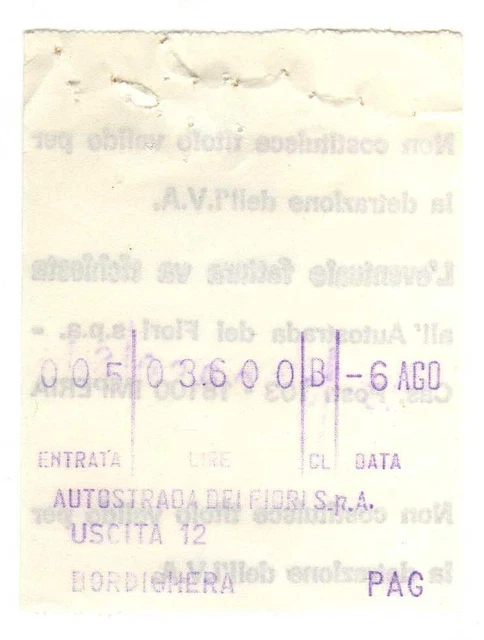 RICEVUTA BIGLIETTO AUTOSTRADA Dei Fiori Casello Di Savona 2-92 EUR 1,99 ...