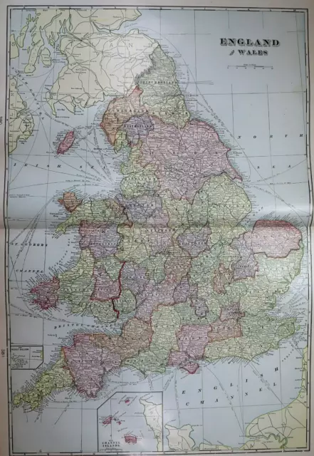 Old (14x22) 1904 Cram's Atlas Map ~ ENGLAND - WALES ~ Free S&H ~Inv#305