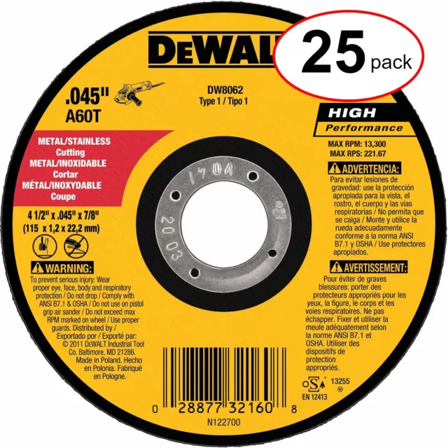 DeWalt DW8062  4-1/2" x .045" x 7/8" T1 High Performance Cut-Off Wheel (25 Pack)