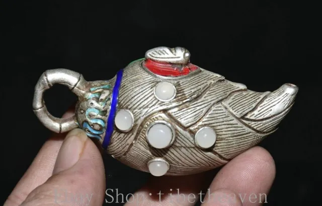 3.4" Rare Old Chinese Silver inlay White Jade Cicada Corn Shape Teapot Teakettle