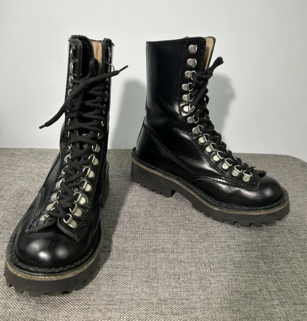 Fly London Womens Sz 37 US 6-6.5 Black Leather Combat Boots Lace Up Lug Heel