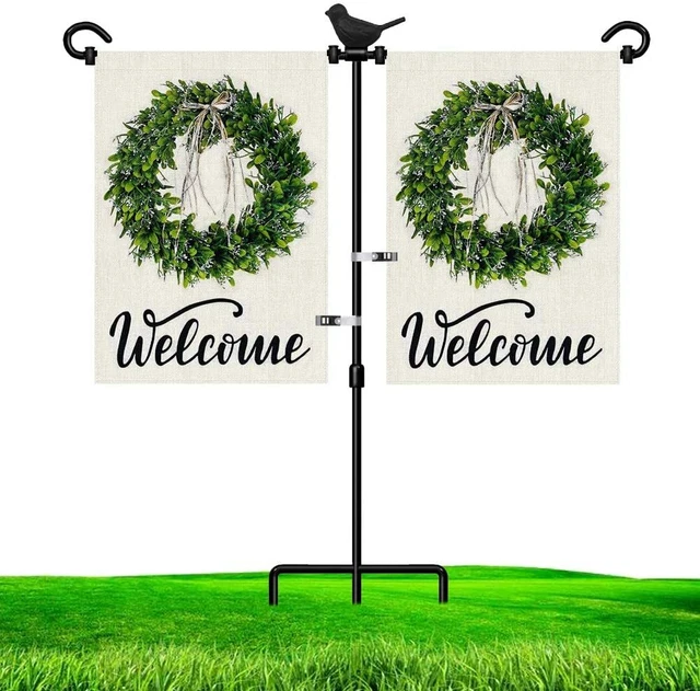 Garden Flag Stand Holder for Double Flags with Bird Garden Flag Wrought Iron