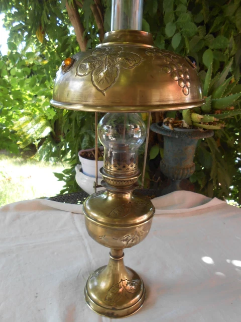 Lampe solaire ancienne en laiton, cristal et marbre avec abat-jour