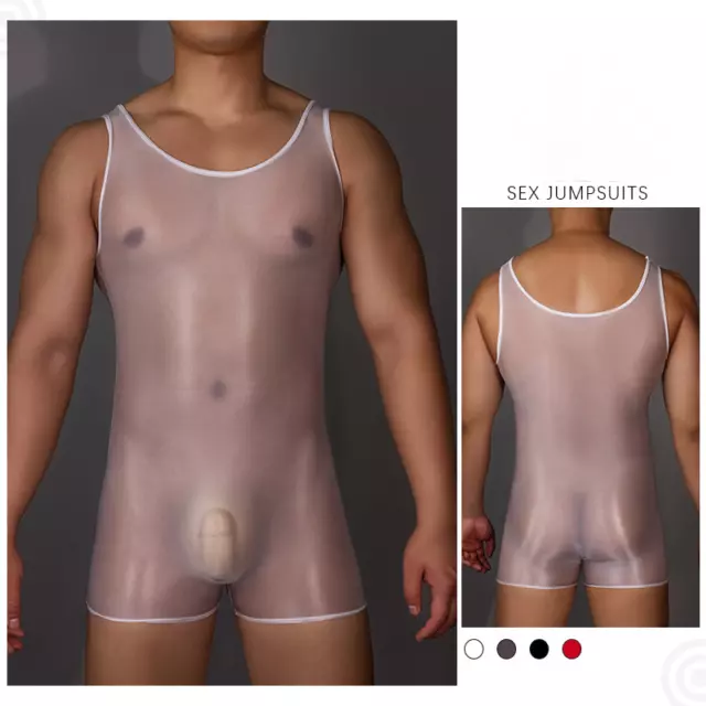 Men's Underwear See-through Bodysuit Glossy Stretch Leotard Jumpsuit Boxers Vest