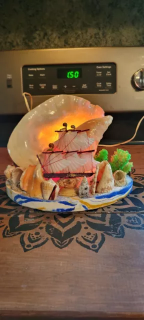 Vintage Abalone Seashell TV Lamp Ship Boat Coral Beach Retro MCM Light Tropical