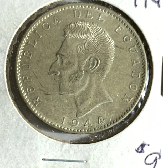 1944 Ecuador 2 Sucres Silver Coin, Unc