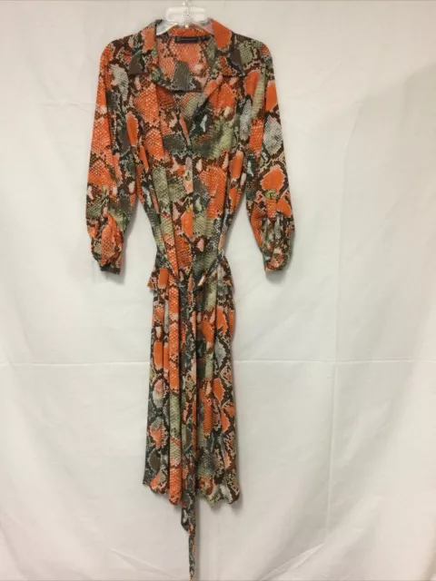 NY & Co Orange Gray Black Snake Print 3/4 Sleeve Collared Wrap Dress Women's XL