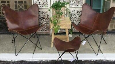 2 Retro Vintage Buffalo Leather Butterfly Relax Arm Chair Handmade Folding Chair