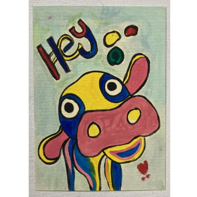 ACEO ORIGINAL PAINTING Mini Collectible Art Card Signed Abstract Animal Cow Ooak