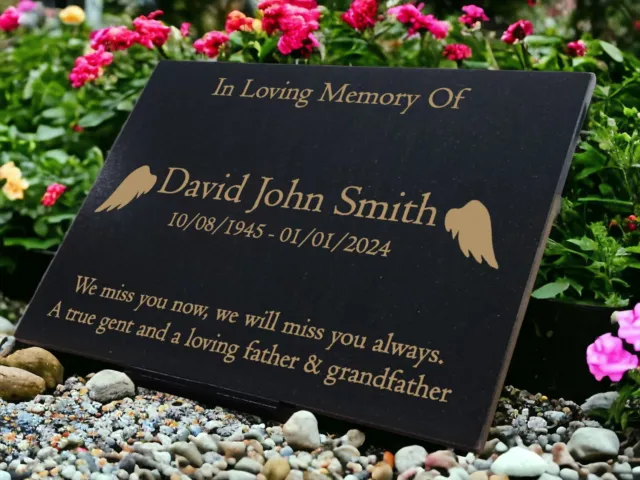 Personalised Engraved Granite Memorial, Grave Marker, Crem, 29x21cm, Angel wing