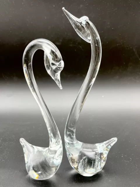 Vintage Set of Clear Crystal Swan Figurines Long Neck MCM 8" & 9.5" Tall