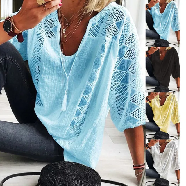 Plus Size Womens Lace V-Neck Tops Ladies 3/4 Sleeve Baggy Loose T-Shirts Blouse