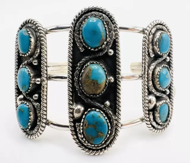 Large Sterling Silver Navajo Native American Kingman Turquoise Cuff Bracelet